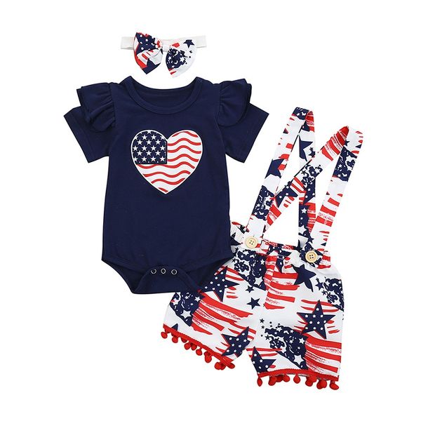 

new 3pcs baby girl summer outfits embroidery love flying sleeve short sleeve romper + strap shorts + headband clothes set1, White