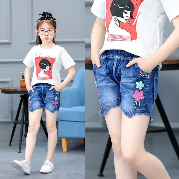 

pecmj girls' denim shorts wear elastic front elastic band embroidery children's clothing and back real pockets embroidered childre, Blue