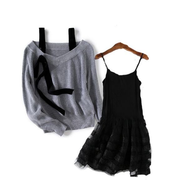 

женский дизайнерский костюм из двух частей юбка сезон слинг v-образным вырезом с длинным рукавом сплошной цвет свитер + сексуальное кружево, Black;brown