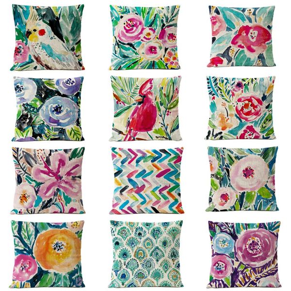 

home decorative throw pillow nordic watercolor floral bird pillow cover red flower cushion cover sofa linen pillowcase