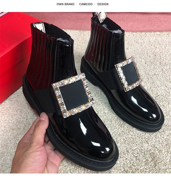 

casual designer lady fashion women black patent patent buckle strass crystal short anke boots shoes brand new