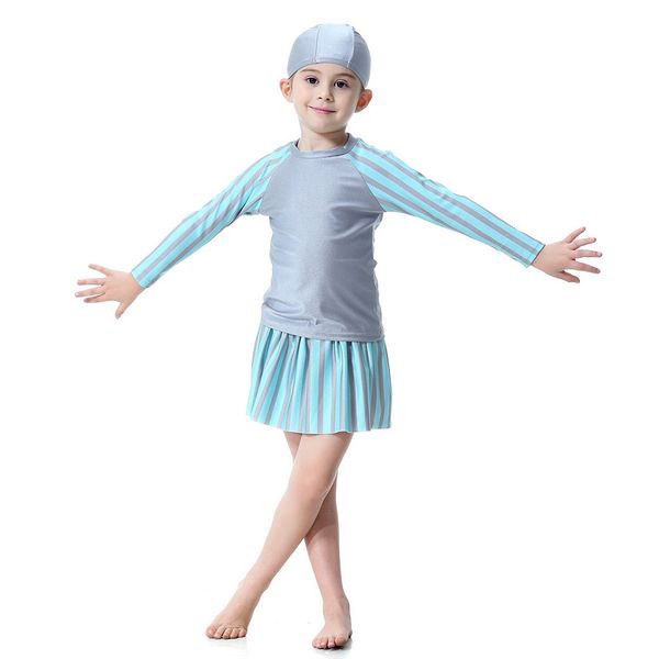 

3pc kids swimwear children swim suit baby beach wear girls muslim swimsuit two piece tankini outfits striped bikini 1-12 years, White
