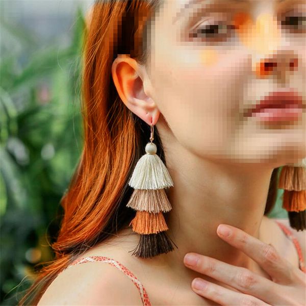 

new bohemian fringe long gradient multilayer drop earrings for women dangle silk fabric ethnic tassel earrings lx, Silver