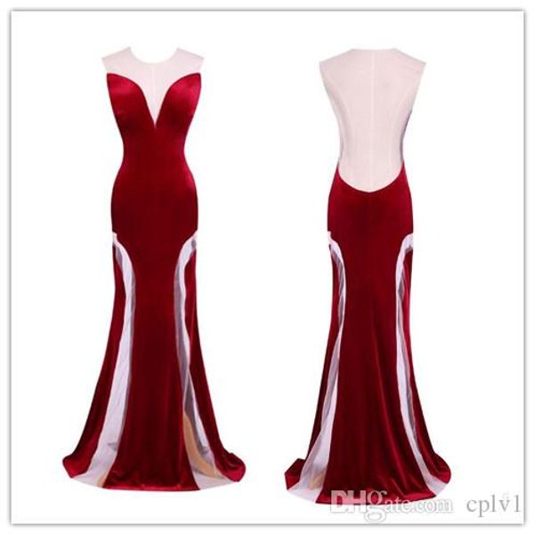 

2020 новый sheer jewel velvet вечернее платье русалка черный backless пром платья длинные вечерние платья поезд стреловидности формальное ве, Red