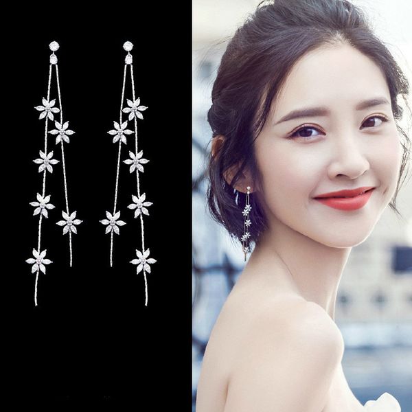 

2019 new arrival alloy trendy women dangle earrings korean long earrings simple fashion zircon flower tassel earrings jewelry, Silver