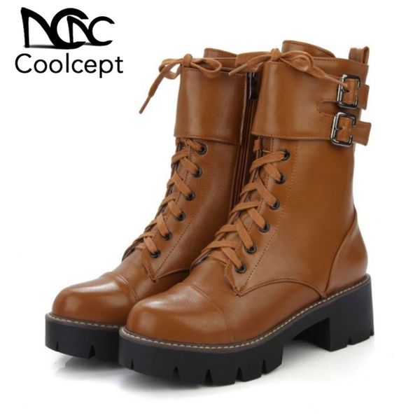 

coolcept women ankle boots side zipper round toe solid color leisure shoes cross strap winter warm woman footwear size 34-43, Black