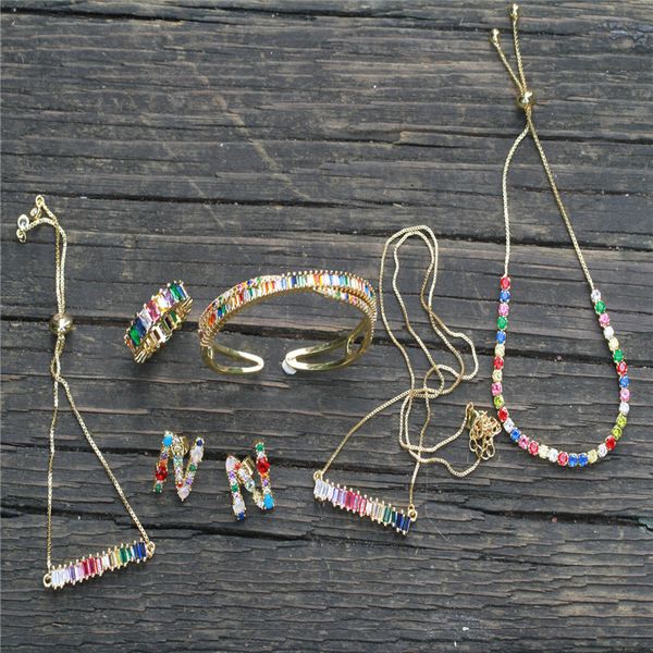 

stylish gold new rainbow crystal zircon rectangular geometric adjustable bracelet and women's fashion necklace jewelry gift, Silver