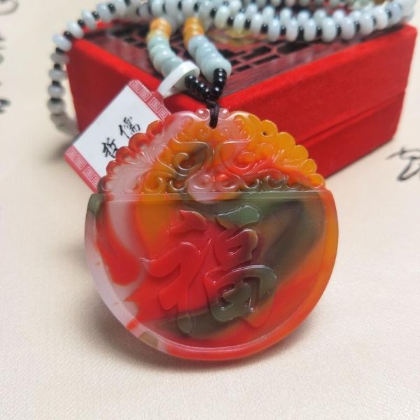 

zheru jewelry pure natural colorful jade shuanglongfu pendant three-color jadeite jade necklace, Silver