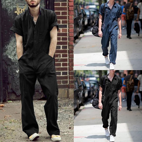 

fashion men jumpsuits short sleeve black loose cargo overalls 2020 casual solid joggers streetwear men rompers pants plus size, Gray
