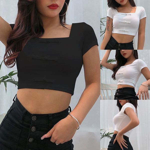 

women crop plain square neck short sleeve cropped belly tee shirts, White