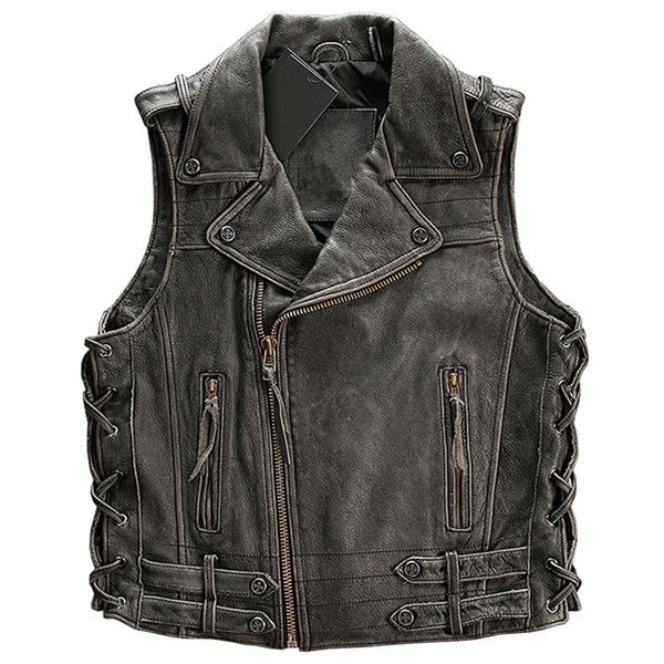 

2019 vintage black men oblique zipper biker leather vest genuine cowhide slim fit short leather motorcycle vest ing