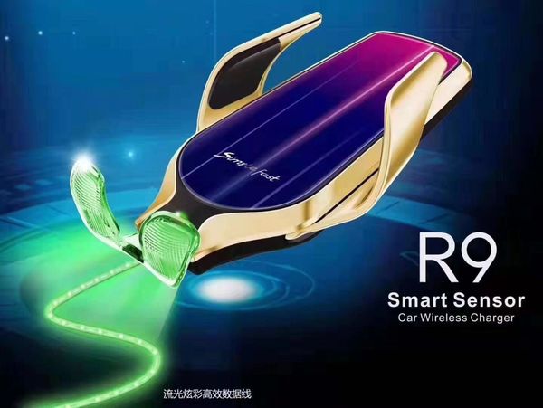 

new r9 automatic smart sensor led light induction car wireless charger for iphone 11 samsung car air vent holder