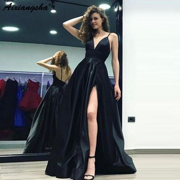 

Grape Purple Satin Dress V-neck Prom Long Dresses Leg Split Open Back Black Evening Gowns With Straps vestidos de graduacion