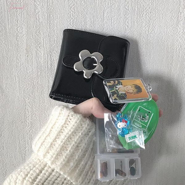 

kawaii cute metal flower snap pu leather wallet sweet mini purse drop shipping high quality, Red;black
