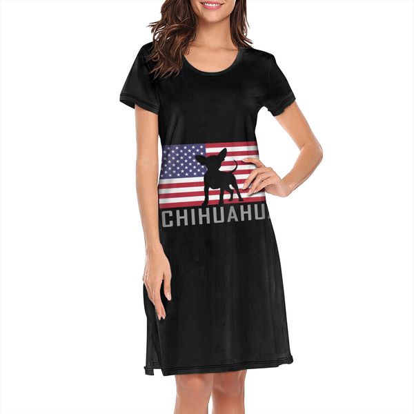 

nighties for women chihuahua american flag puppy dog design custom printing short sleeve nightdress cute teal blue day of the dead sugar, Black;red