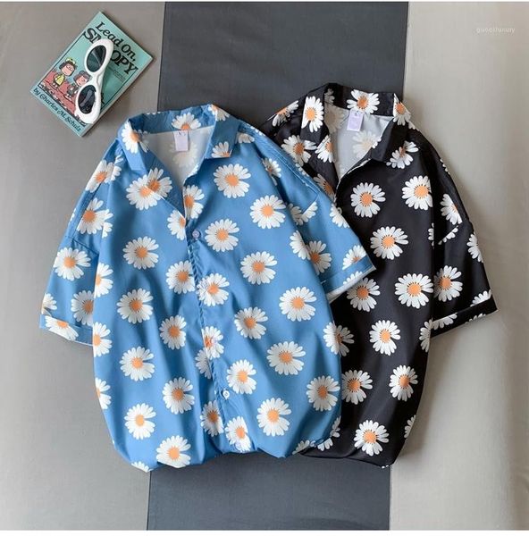 

mens daisy short sleeve shirt lapel neck loose casual summer shirt male fashion designer clothing, White;black