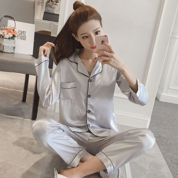 

spring and autumn long sweet pajamas ladies long sleeve thin section summer female ice silk two-piece suit home service, Blue;gray