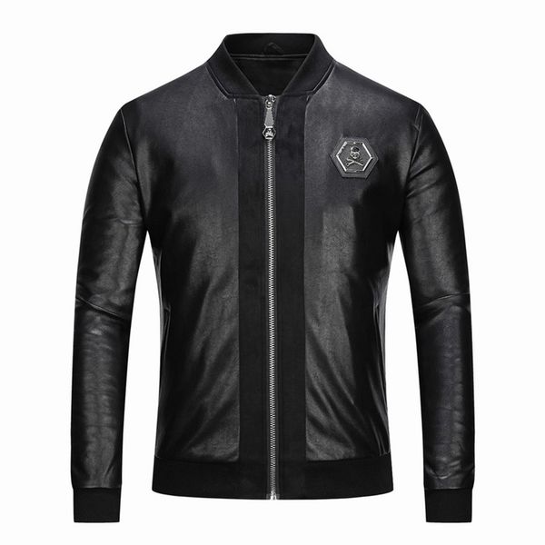 

new occident fashion casual men's skull embroidery black pu leather coat baseball collar slim motorcycle jacket