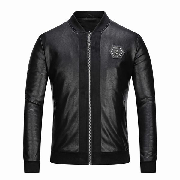 Giacca da moto slim con colletto da baseball in pelle PU nera con ricamo teschio da uomo casual moda New Occident