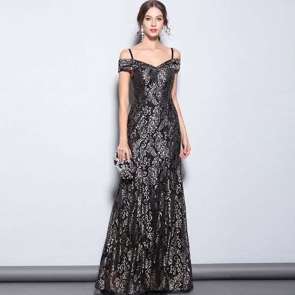 

new arrival women's party prom spaghetti straps slash neckline layered elegant leopard lace long designer runway dresses, Black