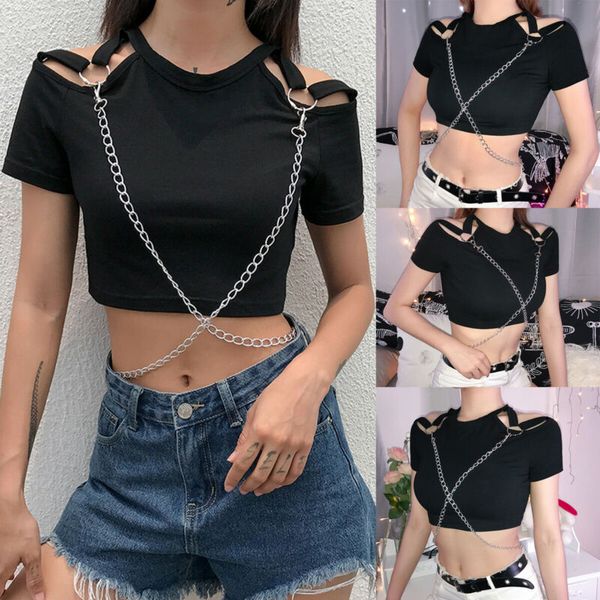 

women short sleeve crop hollow chain cross tank ladies autumn spring clothing, White
