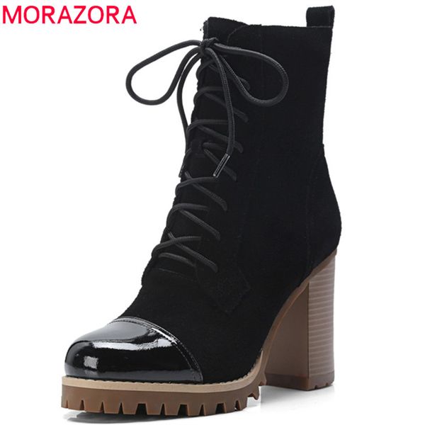 

morazora 2020 new arrival ankle boots women round toe suede leather autumn boots fashion high heels shoes ladies lace up, Black