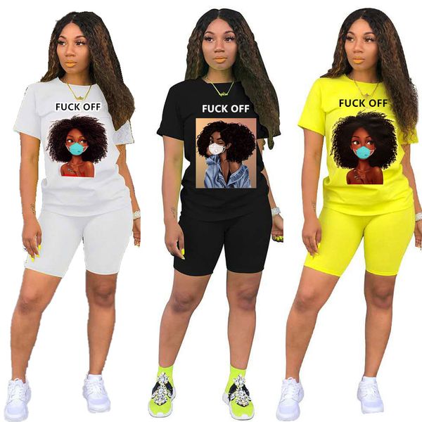 

women fashion oversize cartoon girl with mask two-piece letter casual set for summer ing, White
