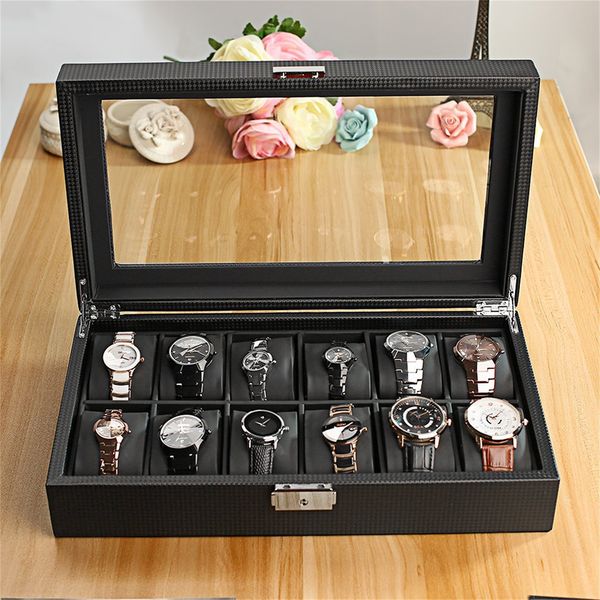 

12 slot luxury watch box jewelry display holder storage carbon fiber, Black;blue