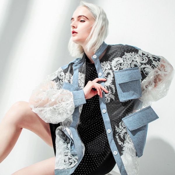 

2019 spring summer fashion streetwear see through lace patchwork denim oversize coat women loose jeans coat outerwear, Black;brown