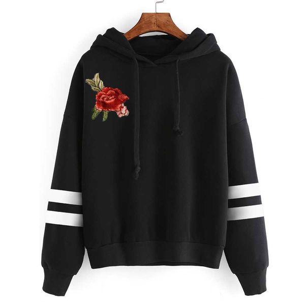

women rose embroidery hooded hoodies jumper pullover sweatshirts casual, Black