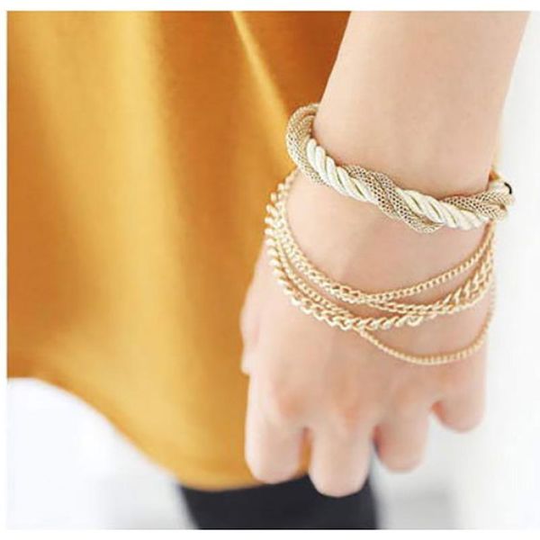 

multi layer gbracelet old color plated metal chain and color korean velvet rope knitted togather toggle-clasps for women beautiful gift, White