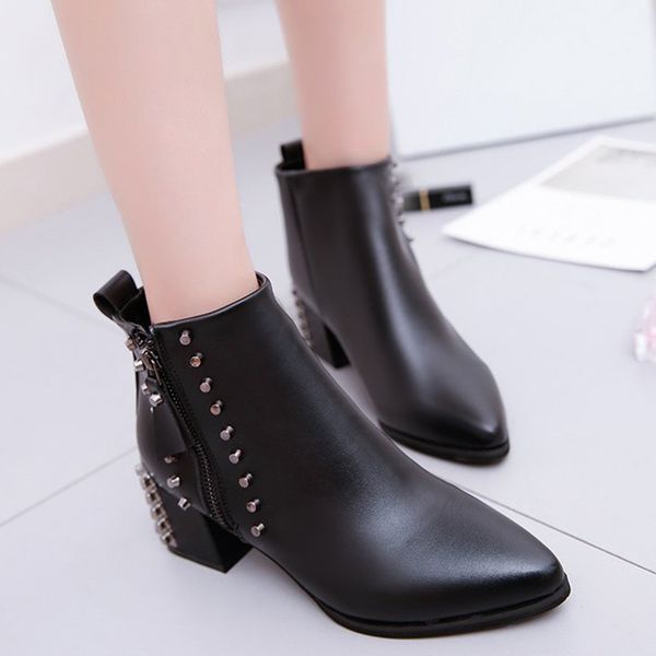 

new fashion ankle boots for women zipper solid square root heel pointed toe shoes woman rivet party boots botas mujer, Black