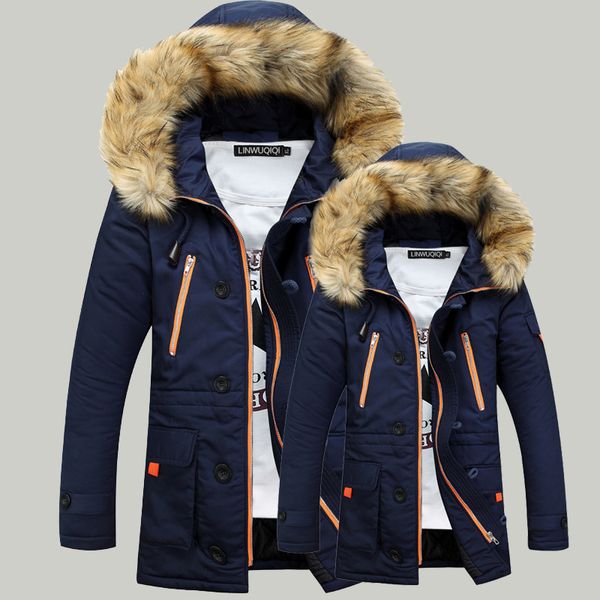 

thickening parkas men 2019 winter jacket men's coats male outerwear fur collar casual long cotton wadded men hooded coat, Black