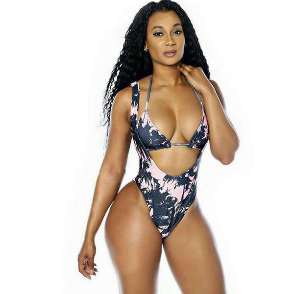 

2019 print high cut one piece swimsuit print halter one piece swimwear cut out swimsuit vintage bathing suit monokini 1956, White;black