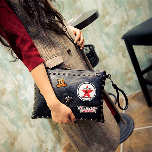 

pu leather ladies fashion badges rivets envelope package clutch handbag shoulder bag across body messenger bag three color t200223
