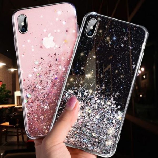 

shining glitter powder phone case for iphone 7/8p xr xs 11 11 pro transparent soft tpu shockproof bling back cover