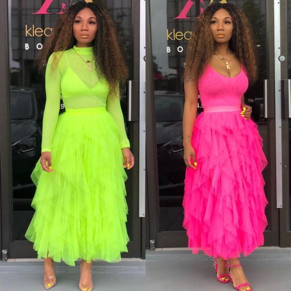 

tulle skirt women long maxi skirt spring summer korean neon green high waist wave irregular cake, Black