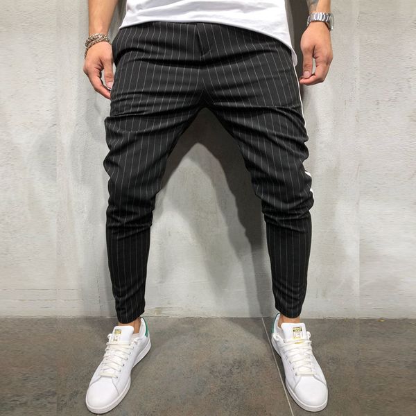 

fashion-men's ankle pants streetwear side stripes checkered trousers casual slim fit street fashion, Black