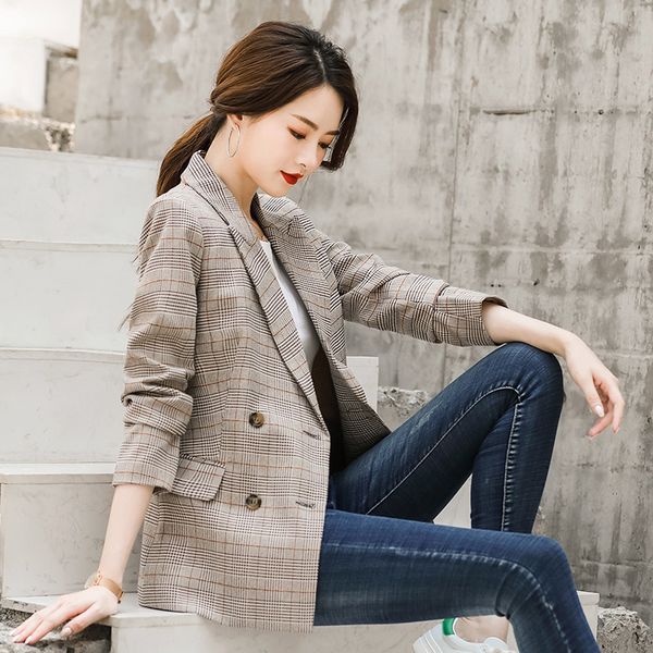 

casual plaid women blazer jacket notched collar double breasted female suit coat fashion outerwear blazer femme jacket plus size, White;black