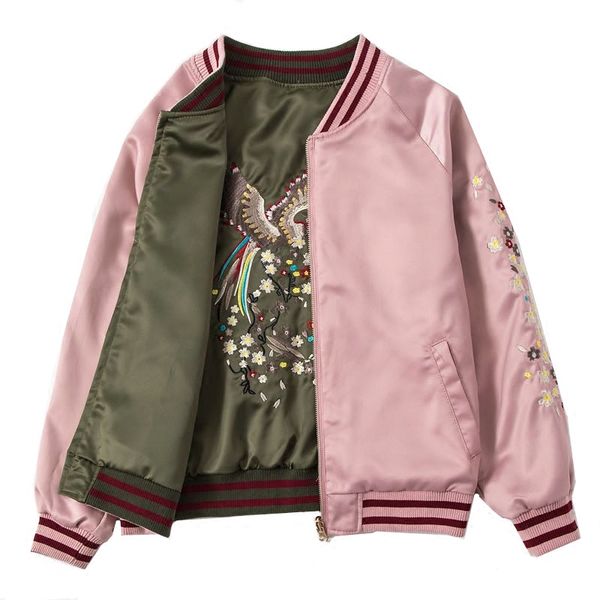

phoenix embroidery both sides wear baseball jacket student girls spring and autumn short satin pilot jacket bf loose bomber coat, Black;brown