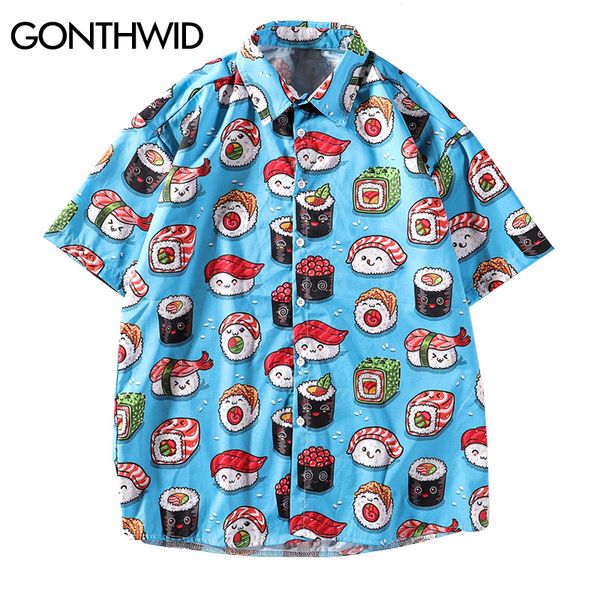 

gonthwid cute sushi print hawaiian beach shirts mens aloha tropical hawaii shirt summer short sleeve button down shirts, White;black