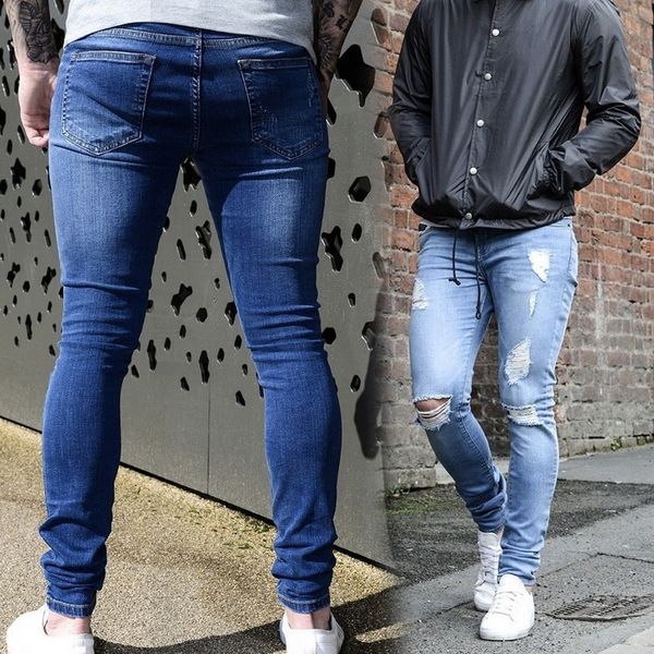 

2018 autumn blue skinny jeans men fashion slim straight denim pants streetwear men ripped hole jeans plus size 3xl trousers