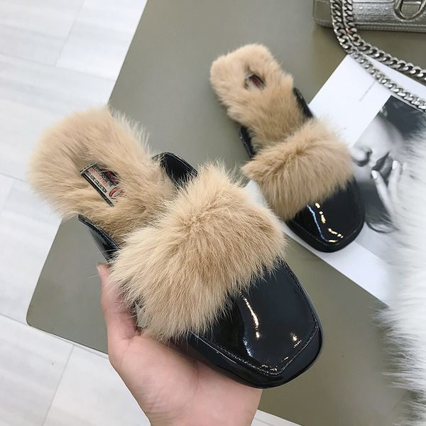 

nice autumn women oxford flip flops flat heels metal decoration brand shoes woman outside soft female fur warm slippers, Black