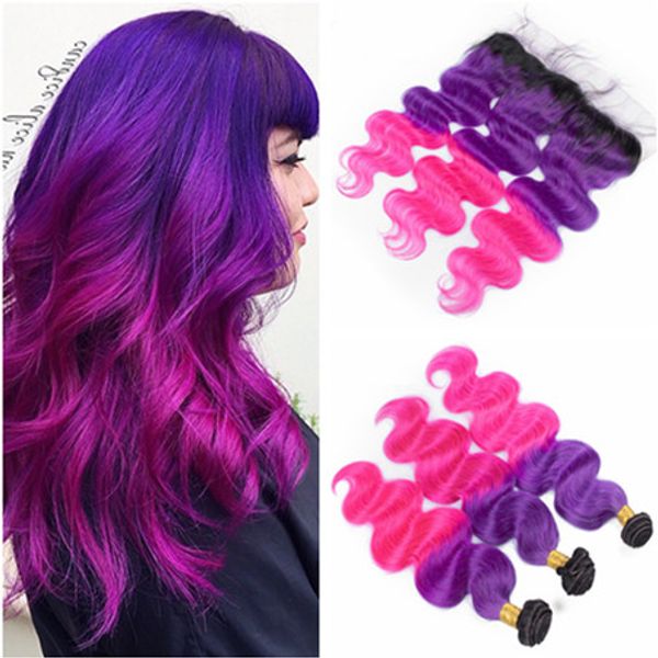 2019 1b Purple Pink Ombre Lace Frontal Closure 13x4 With Bundles