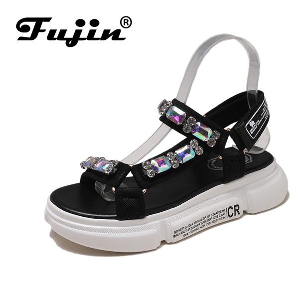 

fujin brand 2020 spring summer and autumn slopes and open toe platform shoes with a word on the side sandals with rhinestones y200405, Black