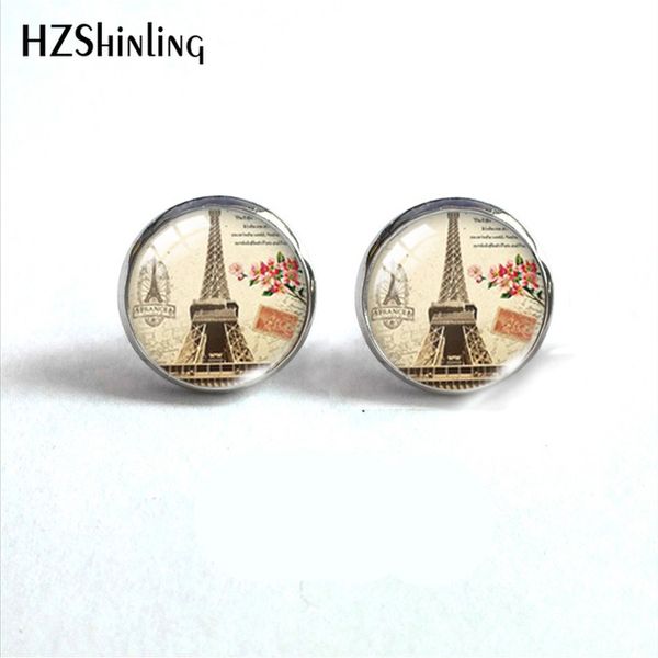 

je t'aime paris eiffel tower glass dome round stud earrings vintage paris eiffel tower pattern hand craft jewelry earrings, Golden;silver