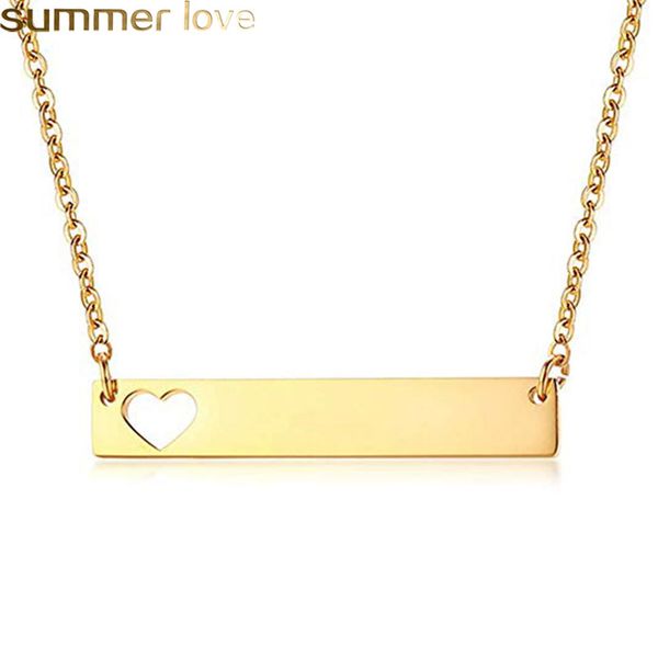 

fashion gold bar tag pendant necklace hollow love heart tag stainless steel necklace for women solid blank bar charm buyer own engraving, Silver