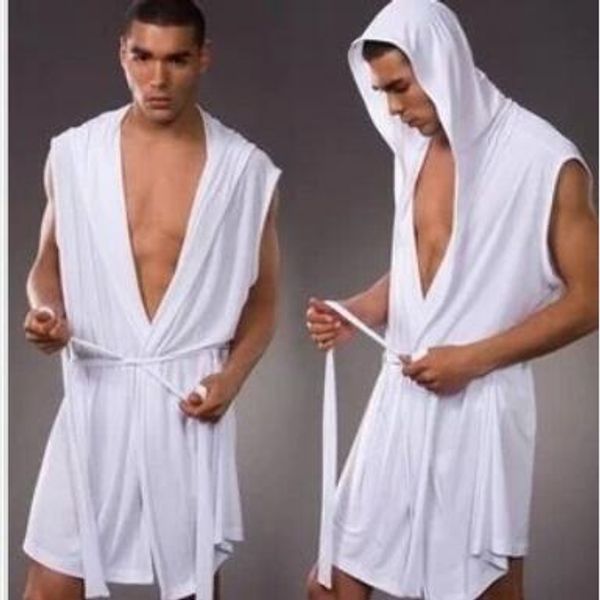 Atacado-roupões masculinos confortáveis ​​roupões de banho casuais sem mangas Viscose sexy com capuz robe homewear mens sexy sleepwear roupas de salão branco