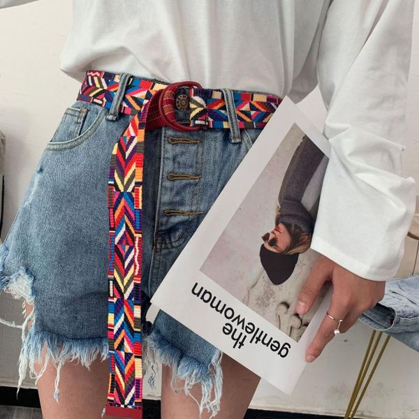 

awaytr elling rainbow canvas women belts ethnic style belt jean belt pin buckle colorful long waist band, Black;brown