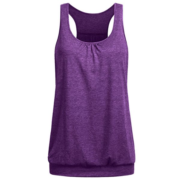 

womens crop sleeveless sport round neck wrinkled loose fit racerback workout blouse solid vest blouse summer beach, White